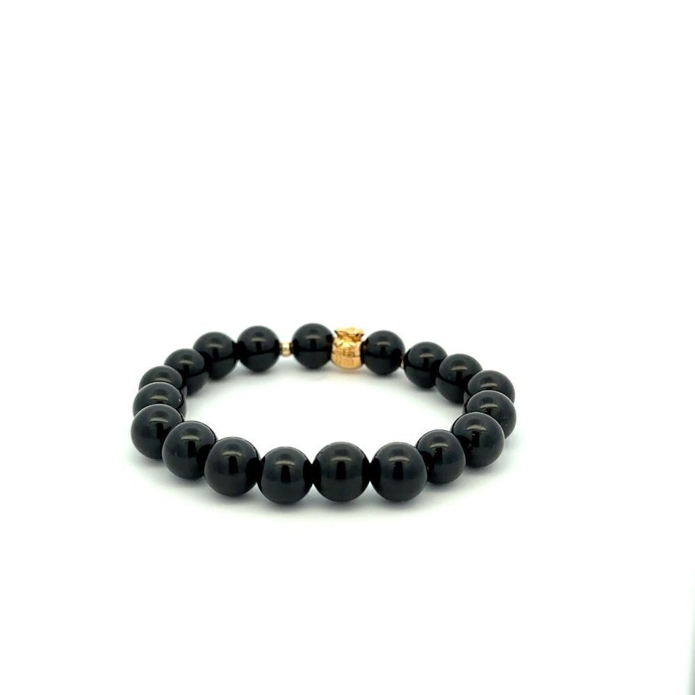 18K Gold Money Bag Lucky Bracelet Beads Gemstone Black Tourmaline 8mm - Picture 8 of 9